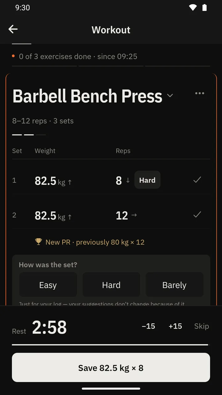Mid-workout, IronTally shows: New PR, previously 80 kg times 12.