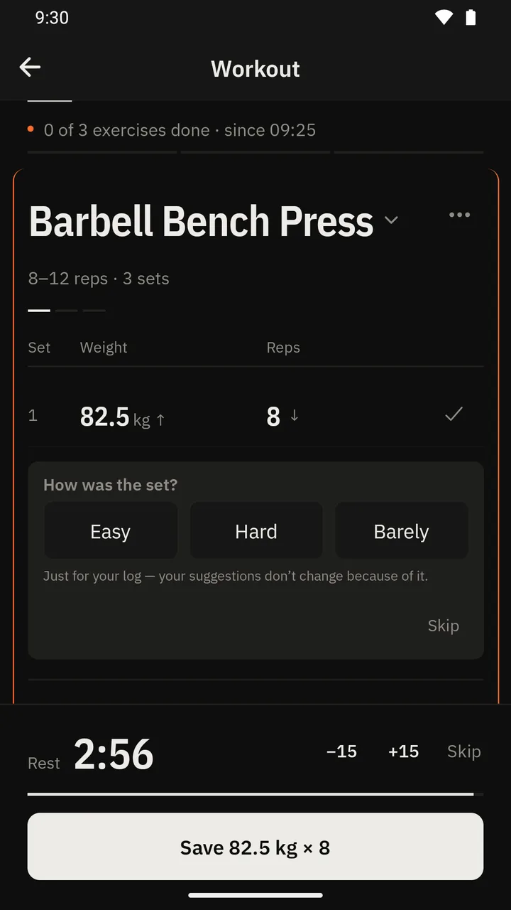 After a set, IronTally asks: How was the set? The options are Easy, Hard and Barely.