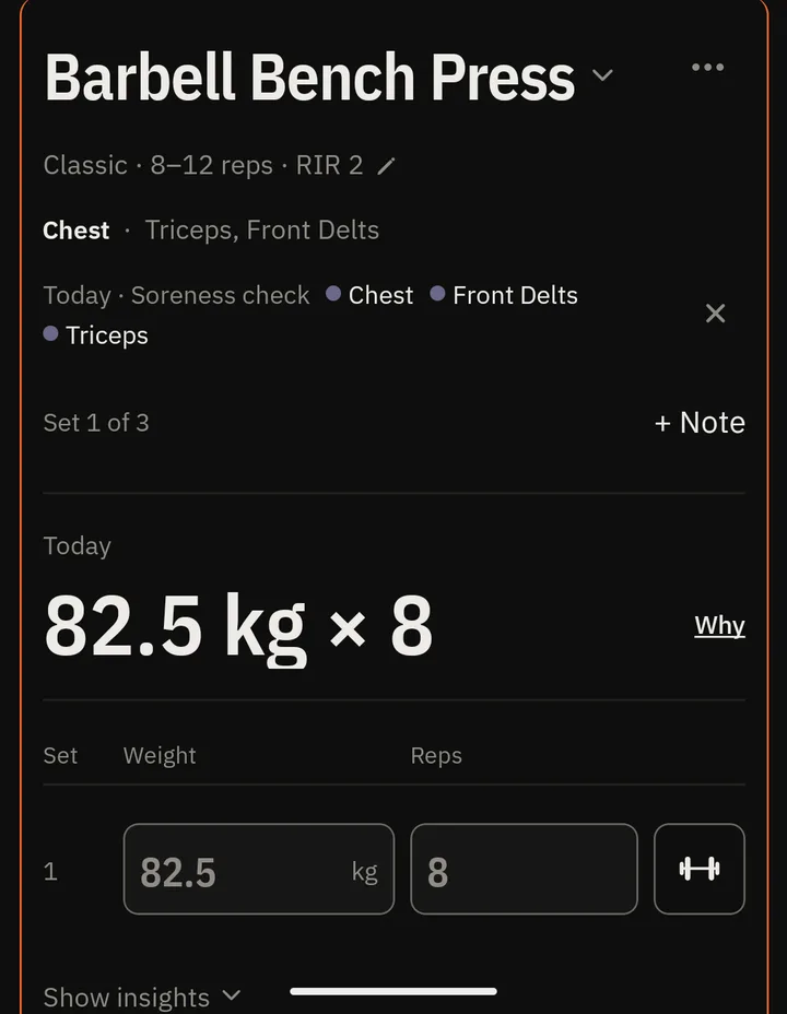 IronTally on the barbell bench press: today’s suggestion is 82.5 kg for 8 reps, with a “Why” link next to it.