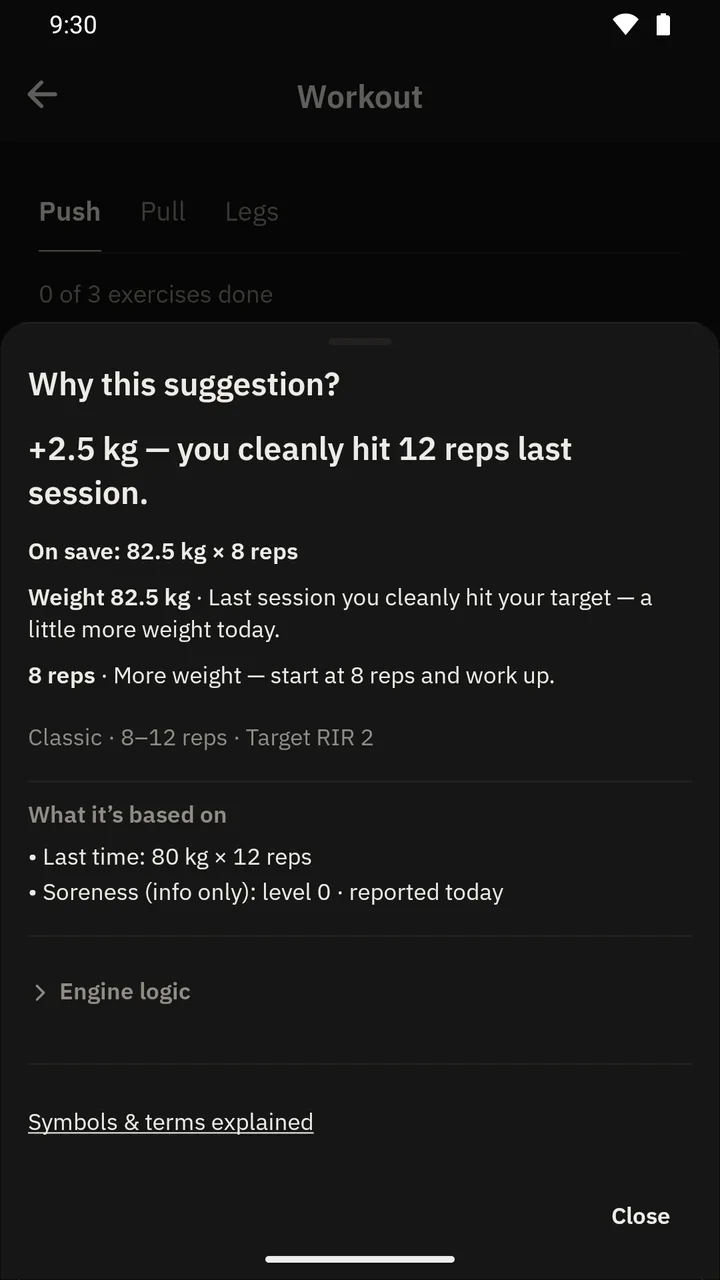 The “Why this suggestion?” sheet: plus 2.5 kg because you hit 12 clean reps last session, followed by the sets the suggestion is based on.